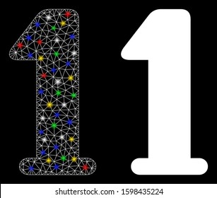Bright mesh digit one icon with glitter effect. Abstract illuminated model of digit one. Shiny wire frame polygonal mesh digit one icon. Vector abstraction on a black background.