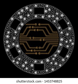 Bright mesh digital casino chip with glare effect. Abstract illuminated model of digital casino chip icon. Shiny wire frame triangular mesh digital casino chip.