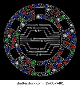 Bright mesh digital casino chip with glare effect. White wire frame triangular mesh in vector format on a black background. Abstract 2d mesh designed with triangular lines, points,