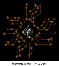 Bright mesh digital casino circuit with lightspot effect. Abstract illuminated model of digital casino circuit icon. Shiny wire carcass triangular mesh digital casino circuit.