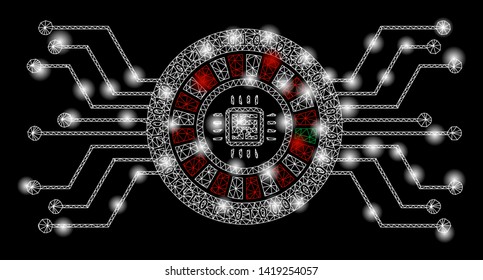 Bright mesh digital casino circuit with lightspot effect. Abstract illuminated model of digital casino circuit icon. Shiny wire carcass triangular network digital casino circuit.