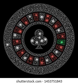 Bright mesh digital casino roulette with glare effect. Abstract illuminated model of digital casino roulette icon. Shiny wire frame triangular mesh digital casino roulette.