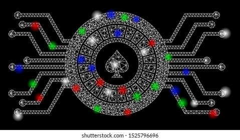 Bright mesh digital casino roulette with glare effect. White wire frame triangular mesh in vector format on a black background. Abstract 2d mesh built from triangles, round dots, colored flare spots.