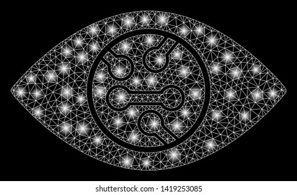 Bright mesh digital eye lens with glow effect. Abstract illuminated model of digital eye lens icon. Shiny wire frame polygonal mesh digital eye lens. Vector abstraction on a black background.