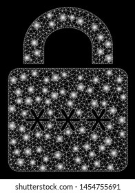 Bright mesh digital lock with glow effect. Abstract illuminated model of digital lock icon. Shiny wire frame polygonal mesh digital lock. Vector abstraction on a black background.