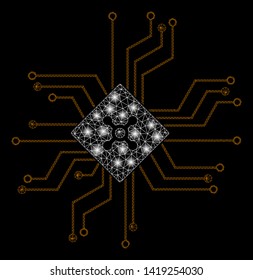 Bright mesh digital roulette circuit with glare effect. Abstract illuminated model of digital roulette circuit icon. Shiny wire frame triangular mesh digital roulette circuit.