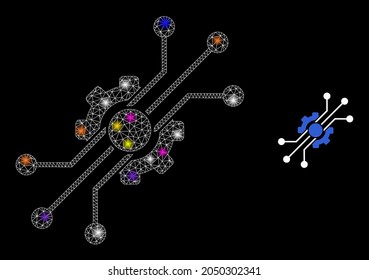 Bright mesh digital tech glare icon with light spots. Illuminated vector constellation based on digital tech icon. Sparkle carcass mesh digital tech on a black background.