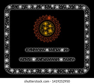 Bright mesh diploma with glare effect. Abstract illuminated model of diploma icon. Shiny wire frame polygonal network diploma. Vector abstraction on a black background.