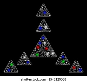 Bright mesh direction triangles with lightspot effect. White wire carcass polygonal network in vector format on a black background. Abstract 2d mesh designed with polygonal grid, spheric points,