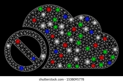 Bright mesh disabled cloud with glow effect. White wire carcass triangular mesh in vector format on a black background. Abstract 2d mesh designed with triangular lines, points, colorful glare spots.