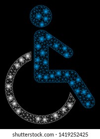 Bright mesh disabled person with glow effect. Abstract illuminated model of disabled person icon. Shiny wire carcass triangular network disabled person. Vector abstraction on a black background.