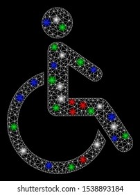 Bright mesh disabled person with lightspot effect. White wire carcass triangular mesh in vector format on a black background. Abstract 2d mesh designed with triangular lines, dots,