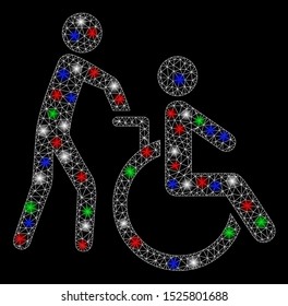 Bright mesh disabled person transportation with glow effect. White wire carcass triangular mesh in vector format on a black background. Abstract 2d mesh designed with triangles, small circle,