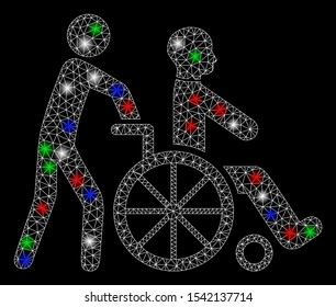 Bright mesh disabled person transportation with glare effect. White wire frame triangular mesh in vector format on a black background. Abstract 2d mesh designed with polygonal grid, dots,
