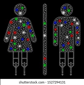 Bright mesh disabled WC persons with glare effect. White wire carcass polygonal mesh in vector format on a black background. Abstract 2d mesh designed with triangles, spheric points,