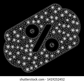 Bright mesh discount coupon with glare effect. Abstract illuminated model of discount coupon icon. Shiny wire frame triangular mesh discount coupon. Vector abstraction on a black background.