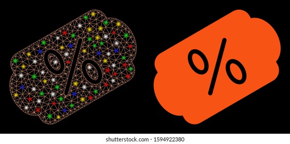 Bright mesh discount label icon with glare effect. Abstract illuminated model of discount label. Shiny wire carcass triangular mesh discount label icon. Vector abstraction on a black background.