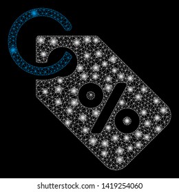 Bright mesh discount tag with glare effect. Abstract illuminated model of discount tag icon. Shiny wire frame triangular mesh discount tag. Vector abstraction on a black background.