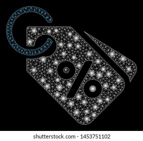 Bright mesh discount tags with lightspot effect. Abstract illuminated model of discount tags icon. Shiny wire frame polygonal mesh discount tags. Vector abstraction on a black background.