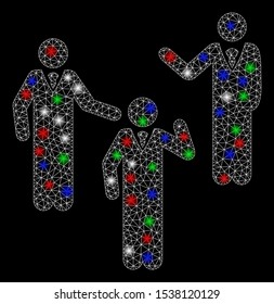 Bright mesh discuss with glow effect. White wire frame polygonal mesh in vector format on a black background. Abstract 2d mesh built from polygonal grid, dots, colored glare spots.