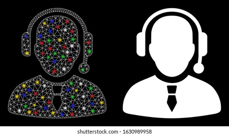 Bright mesh dispatcher icon with glitter effect. Abstract illuminated model of dispatcher. Shiny wire carcass triangular mesh dispatcher icon. Vector abstraction on a black background.