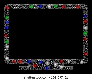 Bright mesh display with glow effect. White wire carcass polygonal mesh in vector format on a black background. Abstract 2d mesh designed with triangles, dots, colorful glare spots.