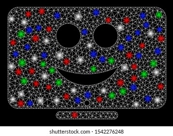 Bright mesh display happy smiley with glare effect. White wire frame polygonal mesh in vector format on a black background. Abstract 2d mesh designed with polygonal grid, round dots,