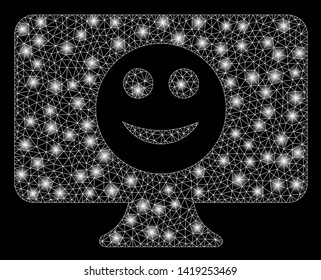 Bright mesh display smile with glare effect. Abstract illuminated model of display smile icon. Shiny wire carcass triangular mesh display smile. Vector abstraction on a black background.