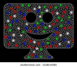 Bright mesh display smile with glare effect. White wire frame triangular mesh in vector format on a black background. Abstract 2d mesh designed with triangular lines, small circle,