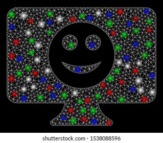 Bright mesh display smile with glare effect. White wire frame polygonal network in vector format on a black background. Abstract 2d mesh designed with polygonal grid, small circle,