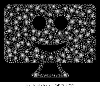 Bright mesh display smile with glow effect. Abstract illuminated model of display smile icon. Shiny wire frame triangular mesh display smile. Vector abstraction on a black background.