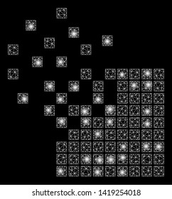 Bright mesh dissolving pixel mosaic with lightspot effect. Abstract illuminated model of dissolving pixel mosaic icon. Shiny wire carcass triangular mesh dissolving pixel mosaic.