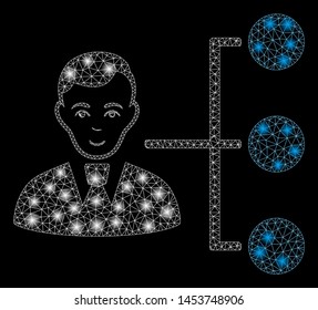 Bright mesh distribution manager with glow effect. Abstract illuminated model of distribution manager icon. Shiny wire frame polygonal mesh distribution manager.