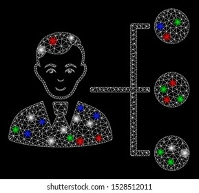 Bright mesh distribution manager with glow effect. White wire frame triangular mesh in vector format on a black background. Abstract 2d mesh designed with triangular lines, spheric points,