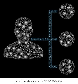 Bright mesh distributor with glare effect. Abstract illuminated model of distributor icon. Shiny wire carcass polygonal mesh distributor. Vector abstraction on a black background.