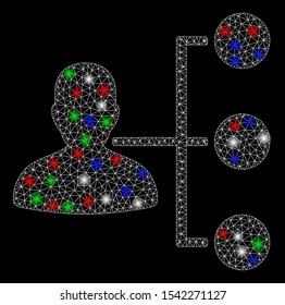 Bright mesh distributor with glare effect. White wire carcass polygonal mesh in vector format on a black background. Abstract 2d mesh created from polygonal grid, round dots, colorful flare spots.