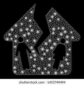Bright mesh divorce house with glare effect. Abstract illuminated model of divorce house icon. Shiny wire carcass triangular network divorce house. Vector abstraction on a black background.