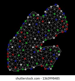 Bright mesh Djibouti map with glare effect. Wire frame triangular mesh in vector format on a black background. Abstract 2d mesh designed with triangles, small circle, colorful glare spots.