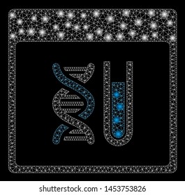 Bright mesh DNA analysis calendar page with lightspot effect. Abstract illuminated model of DNA analysis calendar page icon. Shiny wire frame polygonal mesh DNA analysis calendar page.