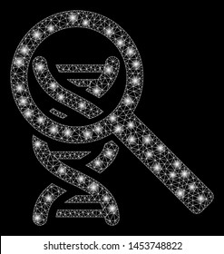 Bright mesh DNA analysis with glare effect. Abstract illuminated model of DNA analysis icon. Shiny wire frame triangular mesh DNA analysis. Vector abstraction on a black background.