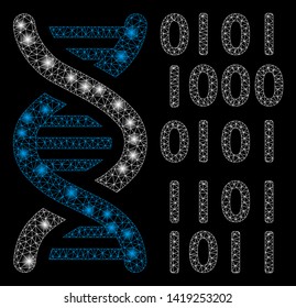 Bright mesh DNA binary code with glow effect. Abstract illuminated model of DNA binary code icon. Shiny wire carcass polygonal network DNA binary code. Vector abstraction on a black background.