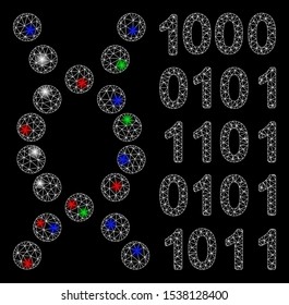 Bright mesh DNA code with glare effect. White wire frame triangular mesh in vector format on a black background. Abstract 2d mesh designed with triangular lines, spheric points, colorful glare spots.