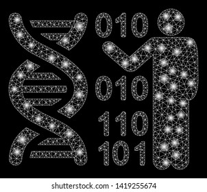 Bright mesh DNA research with glare effect. Abstract illuminated model of DNA research icon. Shiny wire frame triangular mesh DNA research. Vector abstraction on a black background.