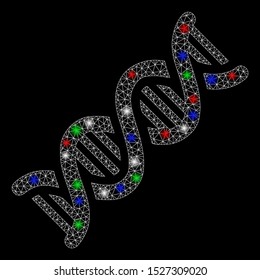 Bright mesh DNA spiral with glare effect. White wire carcass polygonal mesh in vector format on a black background. Abstract 2d mesh created from polygonal grid, small circle, colored flare spots.