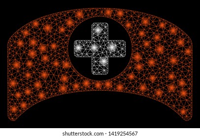 Bright mesh doctor cap with glow effect. Abstract illuminated model of doctor cap icon. Shiny wire frame triangular mesh doctor cap. Vector abstraction on a black background.