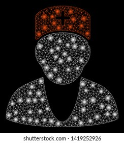 Bright mesh doctor with glare effect. Abstract illuminated model of doctor icon. Shiny wire frame triangular mesh doctor. Vector abstraction on a black background.