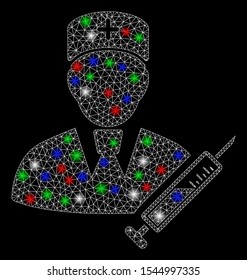 Bright mesh doctor with glare effect. White wire carcass triangular mesh in vector format on a black background. Abstract 2d mesh designed with polygonal grid, points, colored flash spots.