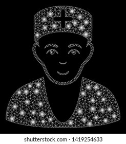 Bright mesh doctor with glow effect. Abstract illuminated model of doctor icon. Shiny wire frame polygonal mesh doctor. Vector abstraction on a black background.