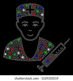 Bright mesh doctor with glow effect. White wire carcass polygonal mesh in vector format on a black background. Abstract 2d mesh designed with polygonal grid, spheric points, colored light spots.