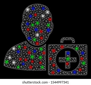Bright mesh doctor with glow effect. White wire carcass triangular mesh in vector format on a black background. Abstract 2d mesh designed with triangular lines, dots, colorful light spots.